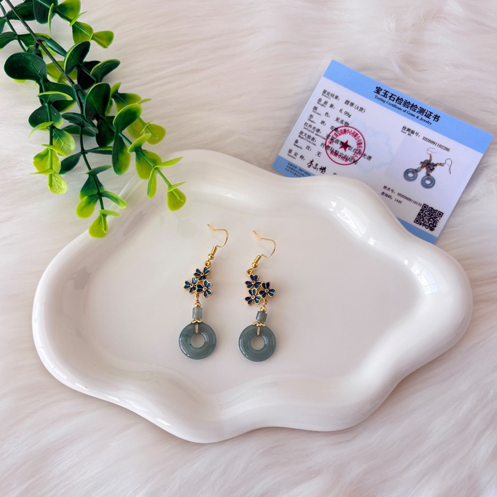 Jade Donut Earrings Blue Enamel Flower Gold Tone Dangle Drop Jadeite Jewelry